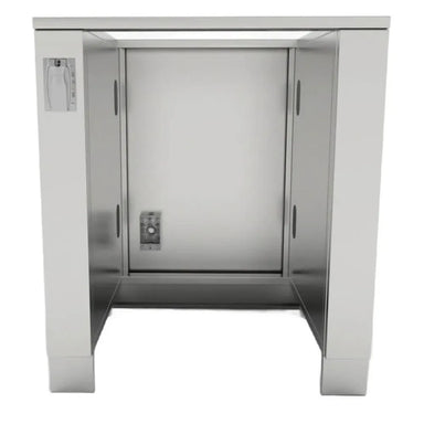 Front view of Sunstone SAC30APC 30-inch stainless appliance cabinet opening for a 21" outdoor refrigerator, with built-in electrical box.