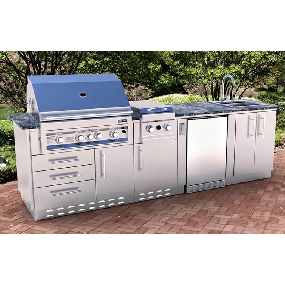 Sunstone outdoor kitchen island featuring SAC30APC 30" fridge appliance cabinet installed beside grill, side burner, sink, and storage.
