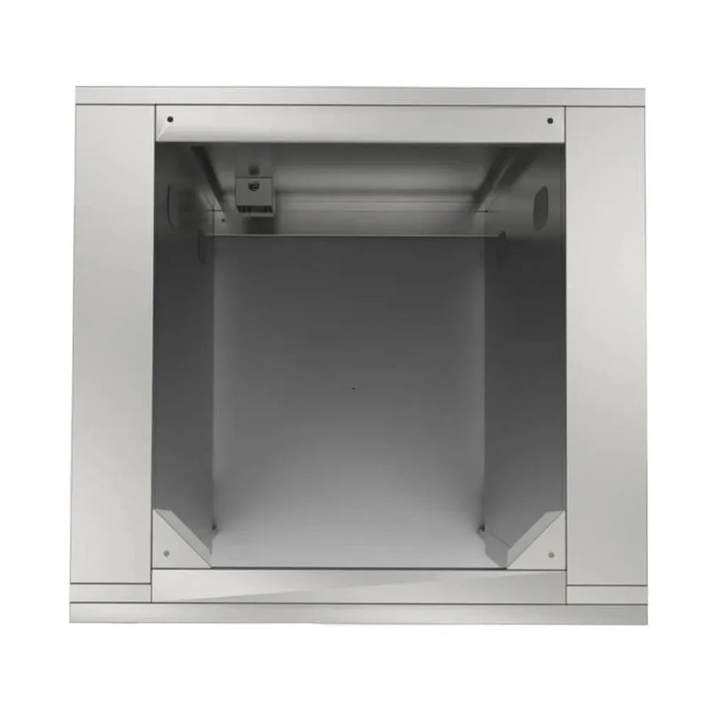 Top view into Sunstone SAC30APC 30" fridge appliance cabinet, showing stainless interior cavity for 21" outdoor refrigerator fit.