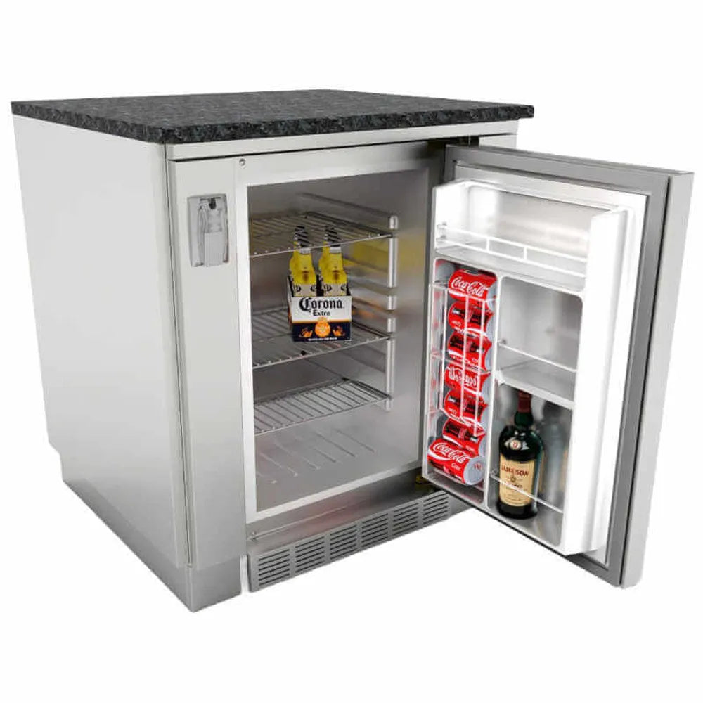Sunstone SAC30APC 30" appliance cabinet with 21" outdoor refrigerator door open, showing beverage storage shelves and stainless built-in island.