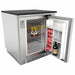 Sunstone SAC30APC 30" appliance cabinet with 21" outdoor refrigerator door open, showing beverage storage shelves and stainless built-in island.