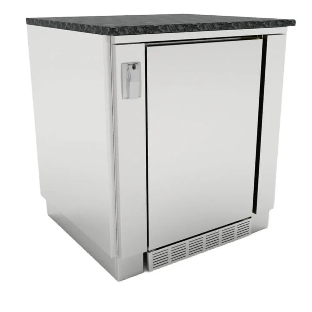 Sunstone SAC30APC 30-inch fridge appliance cabinet with 21" outdoor refrigerator installed under granite countertop (fridge and counter not included).