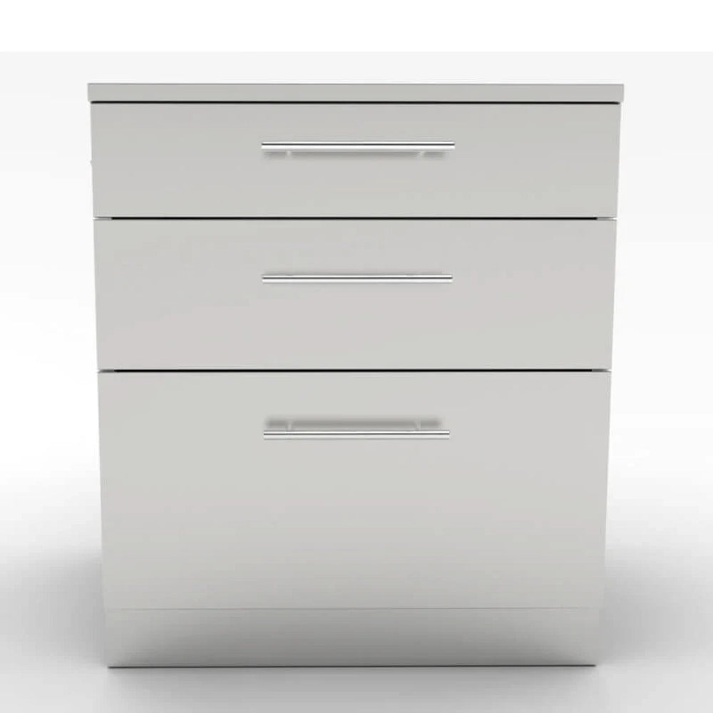 Sunstone SBC30STD 30-inch triple drawer base cabinet front view featuring sleek stainless steel finish and three horizontally stacked storage drawers with modern bar handles.