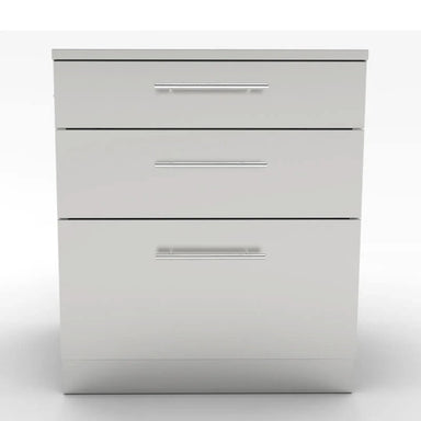Sunstone SBC30STD 30-inch triple drawer base cabinet front view featuring sleek stainless steel finish and three horizontally stacked storage drawers with modern bar handles.