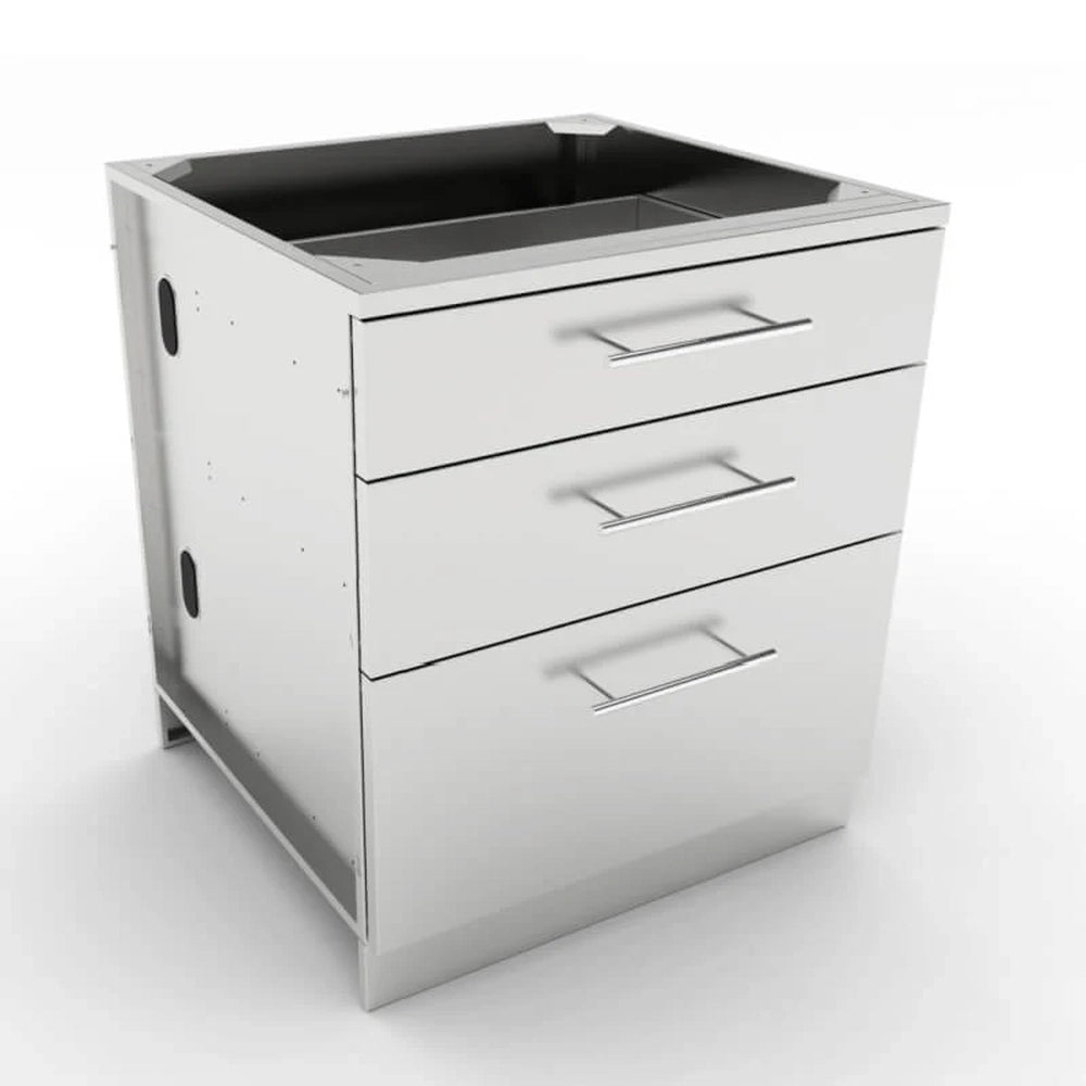 Angled perspective of a Sunstone 30-inch outdoor kitchen base cabinet showing the stainless steel frame construction and prep-ready open top for countertop installation.