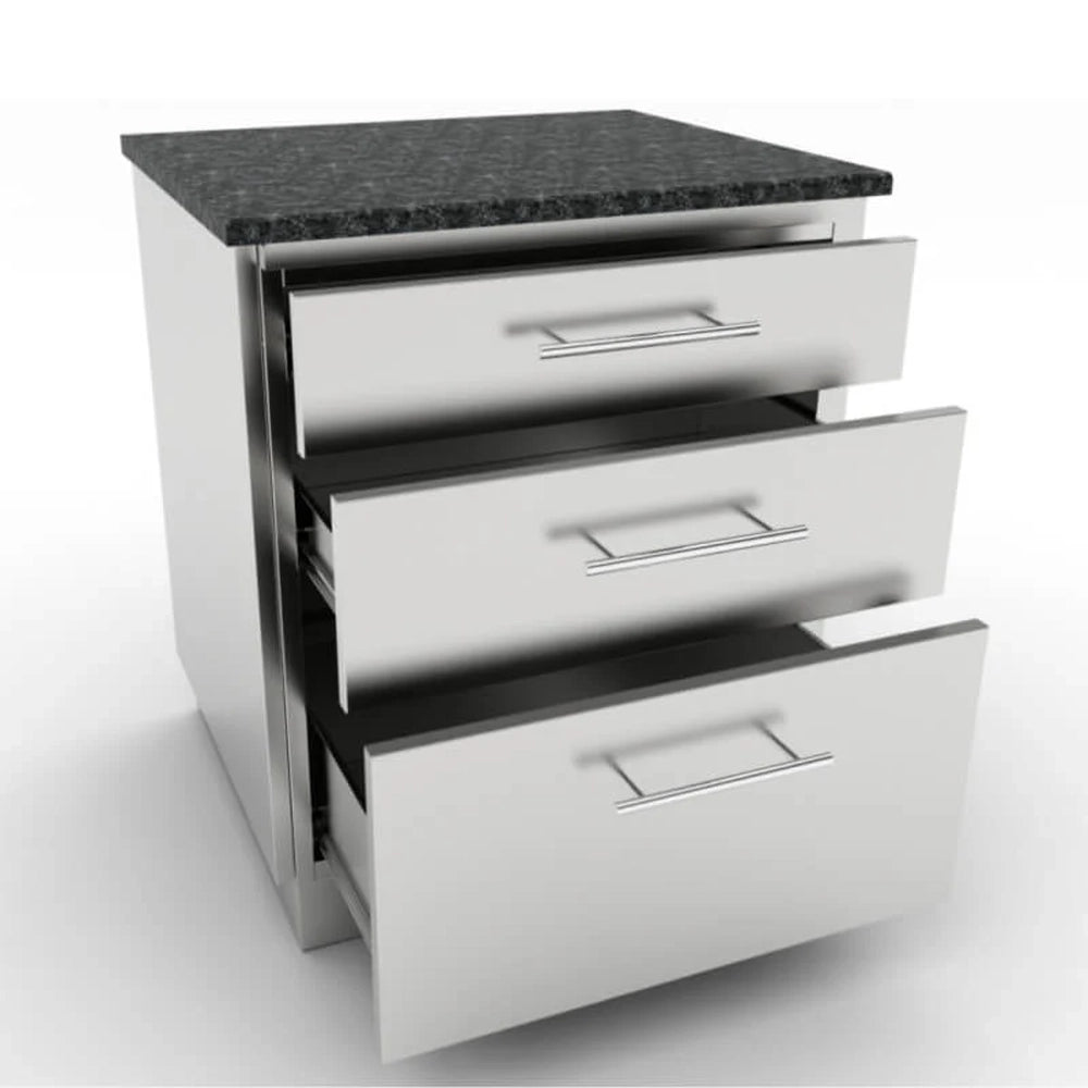 Sunstone 30-inch triple drawer cabinet shown with a dark granite countertop and all three drawers extended to demonstrate full-depth storage capacity for outdoor cooking tools.