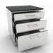Sunstone 30-inch triple drawer cabinet shown with a dark granite countertop and all three drawers extended to demonstrate full-depth storage capacity for outdoor cooking tools.