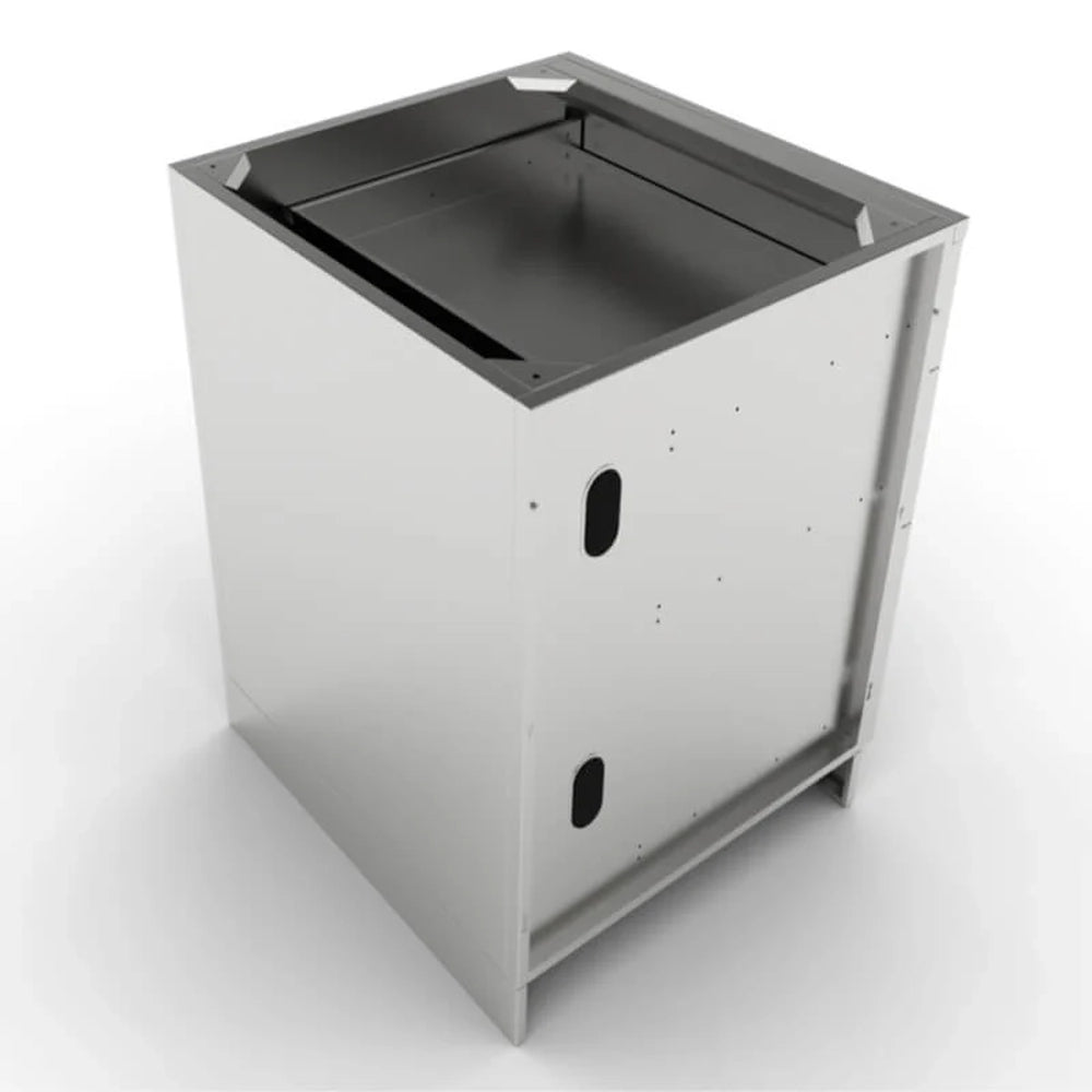 Rear view of the Sunstone stainless steel 3-drawer cabinet highlighting the enclosed back panel and structural integrity designed for outdoor weather resistance.