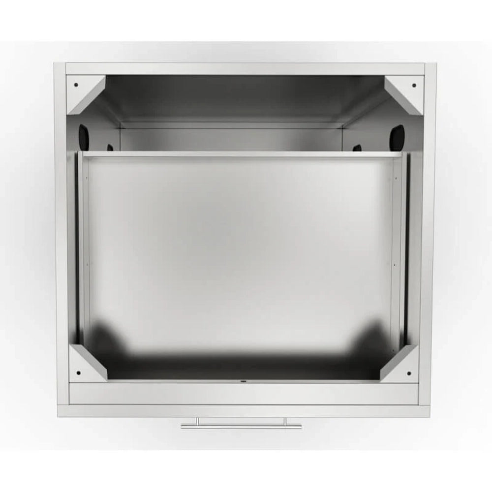 Overhead view into the Sunstone 30-inch base cabinet showing the spacious drawer interior and the heavy-duty corner brackets used for secure countertop mounting.