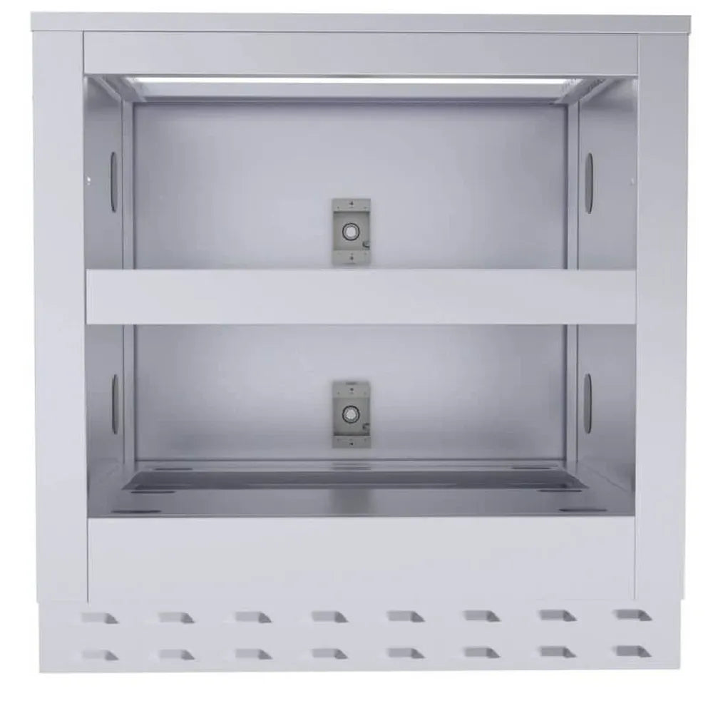 Front view of Sunstone SAC34DWC 34-inch stainless double warming drawer cabinet, built-in warming bay with vented toe-kick for BBQ islands.