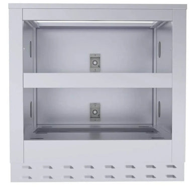 Front view of Sunstone SAC34DWC 34-inch stainless double warming drawer cabinet, built-in warming bay with vented toe-kick for BBQ islands.