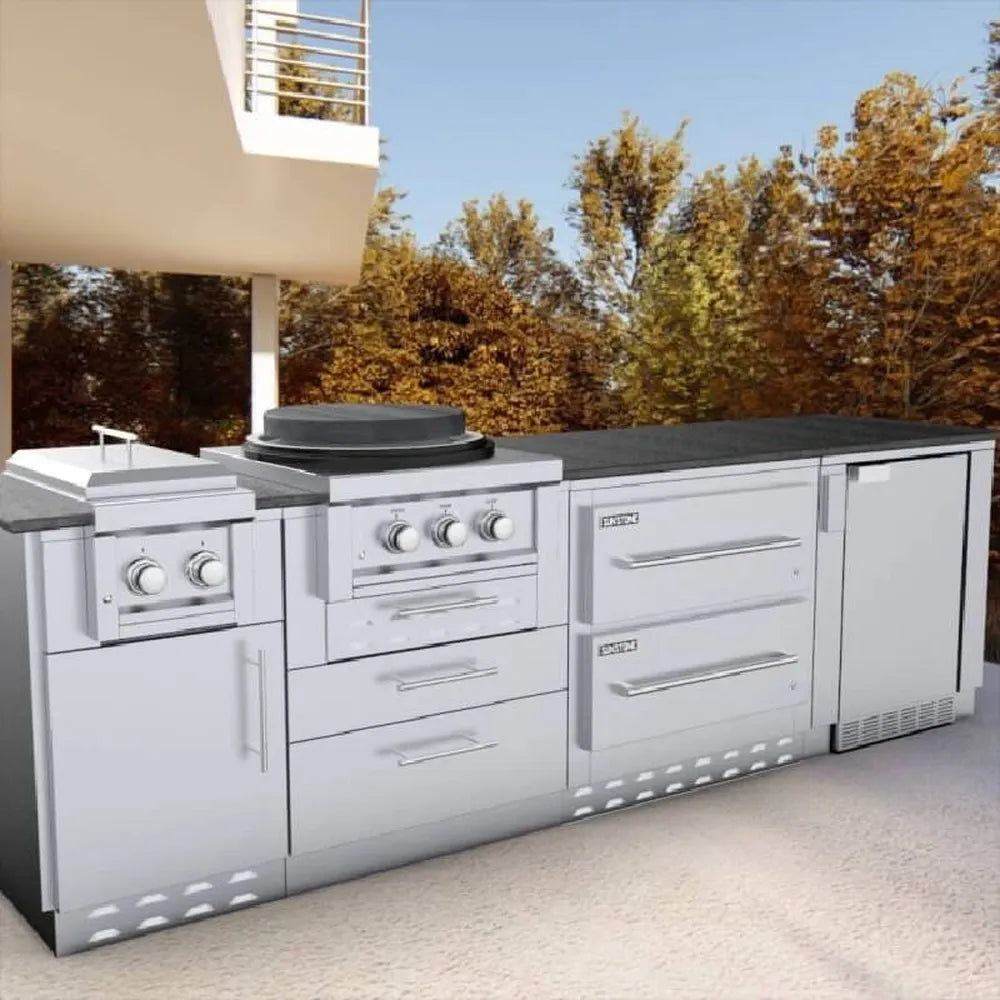 Outdoor kitchen island featuring Sunstone SAC34DWC 34" double warming drawer cabinet installed beside grill and side burner in stainless setup.