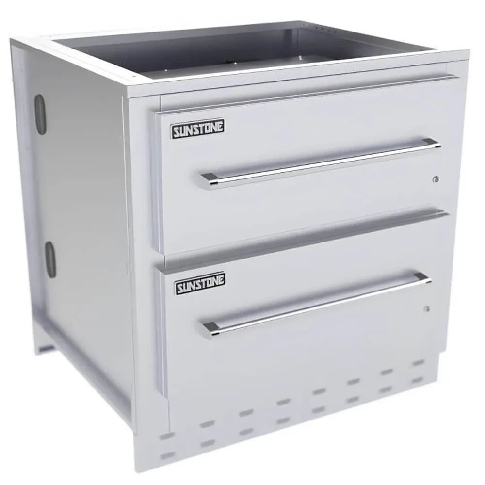 Angled view of Sunstone SAC34DWC 34" stainless double warming drawer cabinet with two stacked warming drawers and vented base for outdoor kitchens.