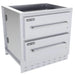 Angled view of Sunstone SAC34DWC 34" stainless double warming drawer cabinet with two stacked warming drawers and vented base for outdoor kitchens.