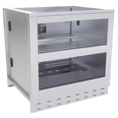 Sunstone SAC34DWC 34" double warming drawer cabinet with drawer open, showing stainless food pan trays for outdoor kitchen warming and serving.