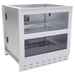 Sunstone SAC34DWC 34" double warming drawer cabinet with drawer open, showing stainless food pan trays for outdoor kitchen warming and serving.