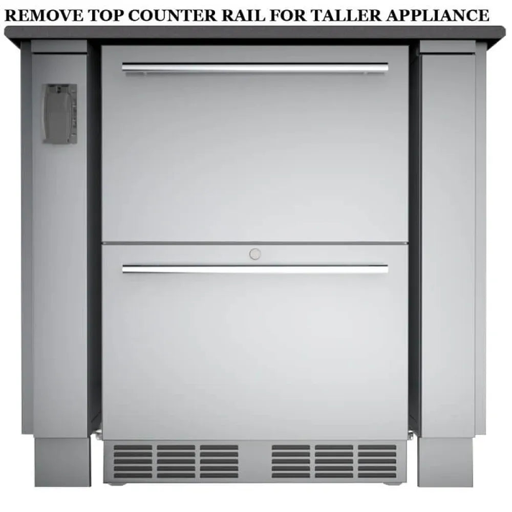 Front view of Sunstone SAC34APC 34-inch fridge appliance cabinet with 25" outdoor refrigerator installed; removable top counter rail for taller appliances.