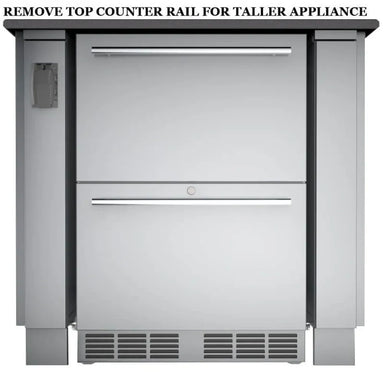 Front view of Sunstone SAC34APC 34-inch fridge appliance cabinet with 25" outdoor refrigerator installed; removable top counter rail for taller appliances.