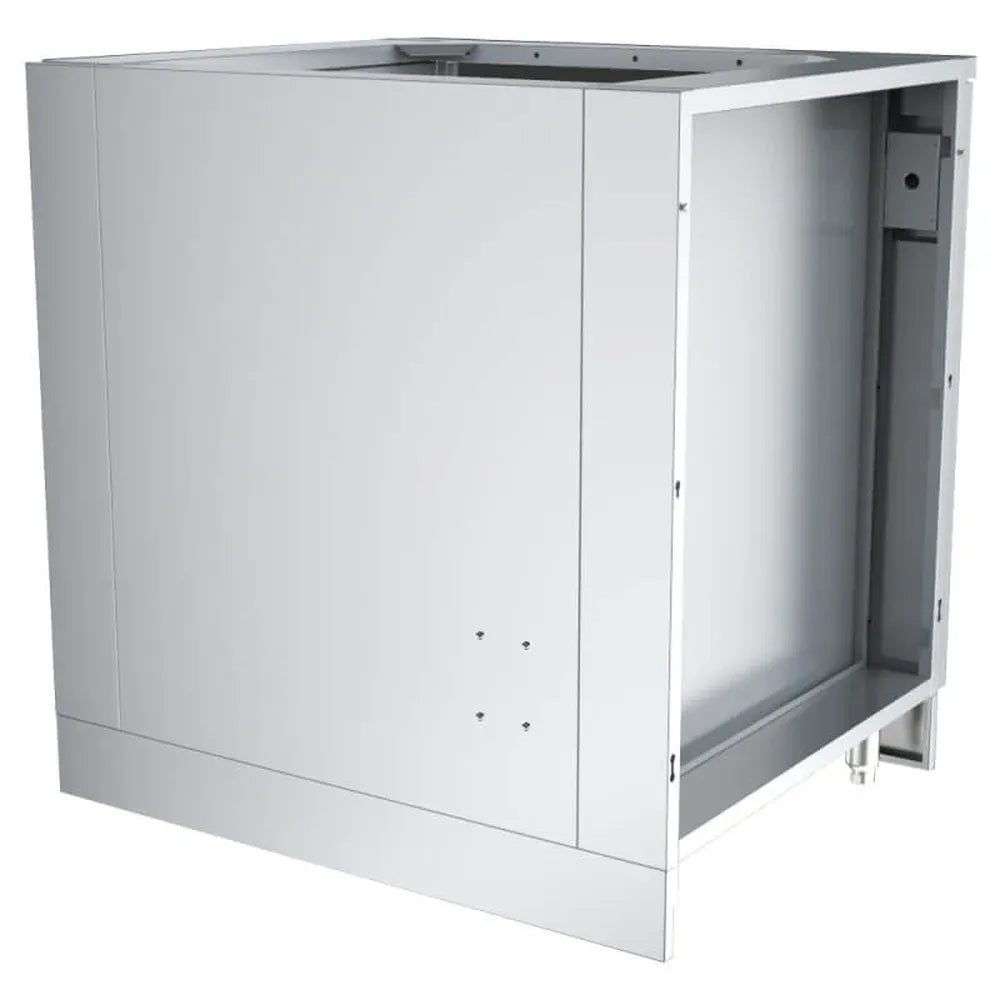 Rear/side view of Sunstone SAC34APC 34" stainless fridge appliance cabinet showing open back access for ventilation and hookups.