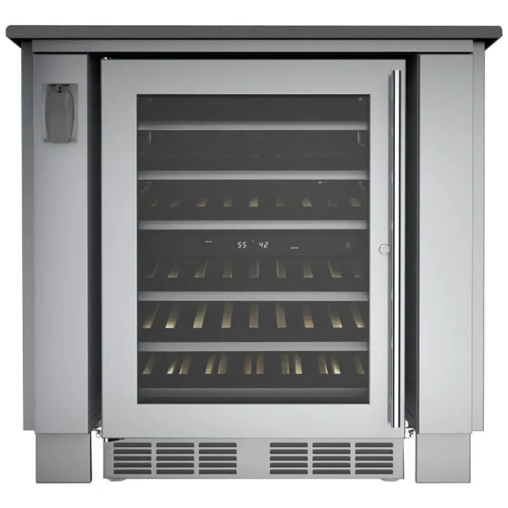 Sunstone SAC34APC 34-inch appliance cabinet with 25" glass-door beverage fridge installed, stainless built-in look under countertop.