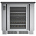 Sunstone SAC34APC 34-inch appliance cabinet with 25" glass-door beverage fridge installed, stainless built-in look under countertop.