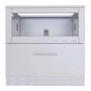 Front view of Sunstone SAC34SWC 34-inch stainless single warming drawer cabinet with wide warming drawer and vented toe-kick for BBQ islands.