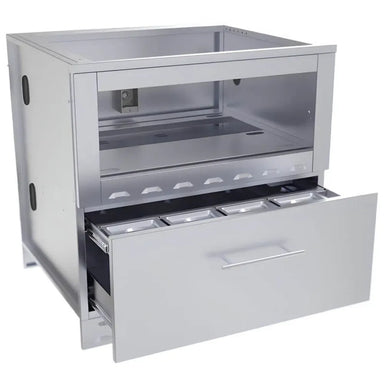Sunstone SAC34SWC 34" single warming drawer cabinet with drawer open, showing stainless food pans and pull-out warming storage for outdoor kitchens.