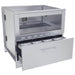 Sunstone SAC34SWC 34" single warming drawer cabinet with drawer open, showing stainless food pans and pull-out warming storage for outdoor kitchens.