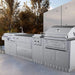 Sunstone outdoor kitchen island with SAC34SWC 34" warming drawer cabinet installed beside sink, side burner, and grill in stainless steel setup.