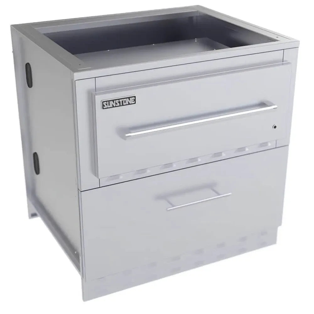 Angled view of Sunstone SAC34SWC 34" single warming drawer cabinet, stainless steel with warming drawer front and lower storage drawer.