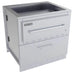 Angled view of Sunstone SAC34SWC 34" single warming drawer cabinet, stainless steel with warming drawer front and lower storage drawer.