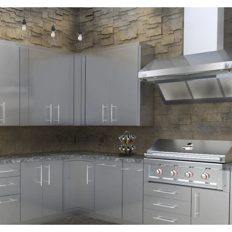 Sunstone SWC42EP 42-inch stainless steel end panel installed on a wall cabinet for a finished outdoor kitchen look.