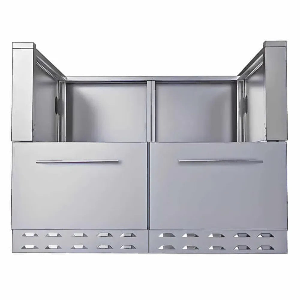 Sunstone SAC44HGDC 44-inch pellet grill base cabinet, stainless steel double drawers with vented toe-kick for outdoor kitchen island.