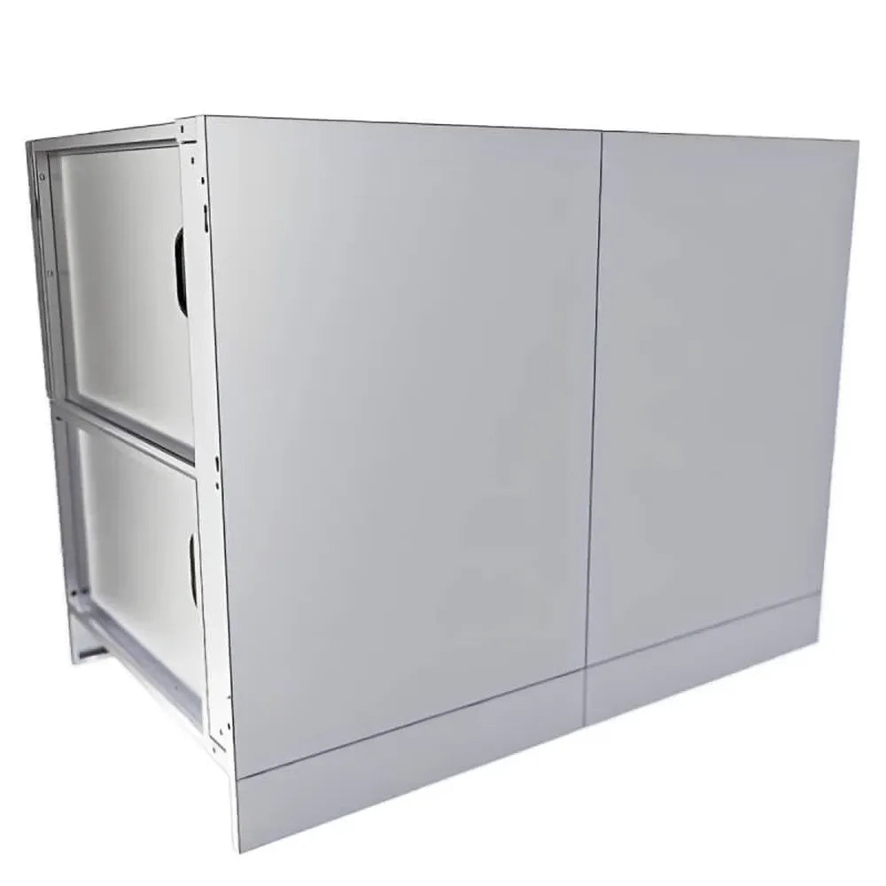 Rear/side view of Sunstone SAC44HGDC pellet grill base cabinet 44", stainless steel enclosure for built-in outdoor kitchen.