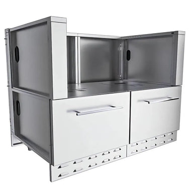 Angled view of Sunstone SAC44HGDC pellet grill base cabinet 44", stainless steel with dual drawers and open rear access panels.