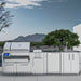 Sunstone SAC44HGDC 44-inch pellet grill base cabinet installed in outdoor kitchen island with grill, sink, and storage cabinets.