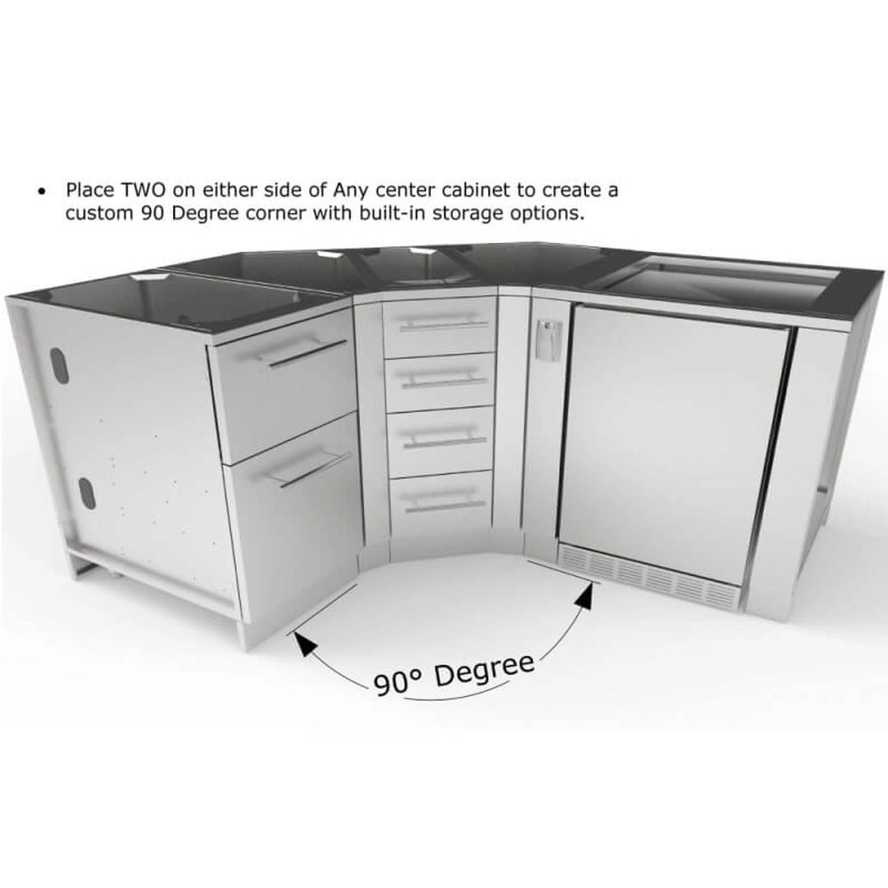 Sunstone 45-degree corner cabinet installed between a drawer unit and outdoor refrigerator to create a custom 90-degree outdoor kitchen island layout.