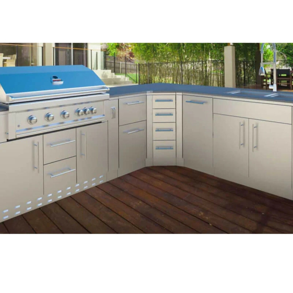 Complete stainless steel outdoor kitchen featuring the Sunstone SBC3C45 corner cabinet, a built-in gas grill, and sink station with blue countertops.