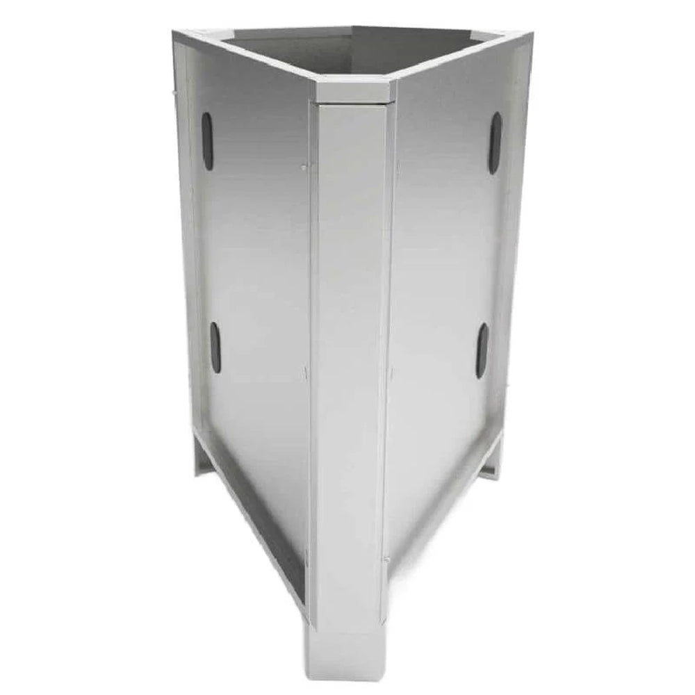 Front view of the Sunstone SBC3C45 45-degree stainless steel corner cabinet showing the sleek finish and utility access knockouts on side panels.