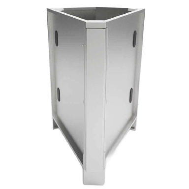 Front view of the Sunstone SBC3C45 45-degree stainless steel corner cabinet showing the sleek finish and utility access knockouts on side panels.