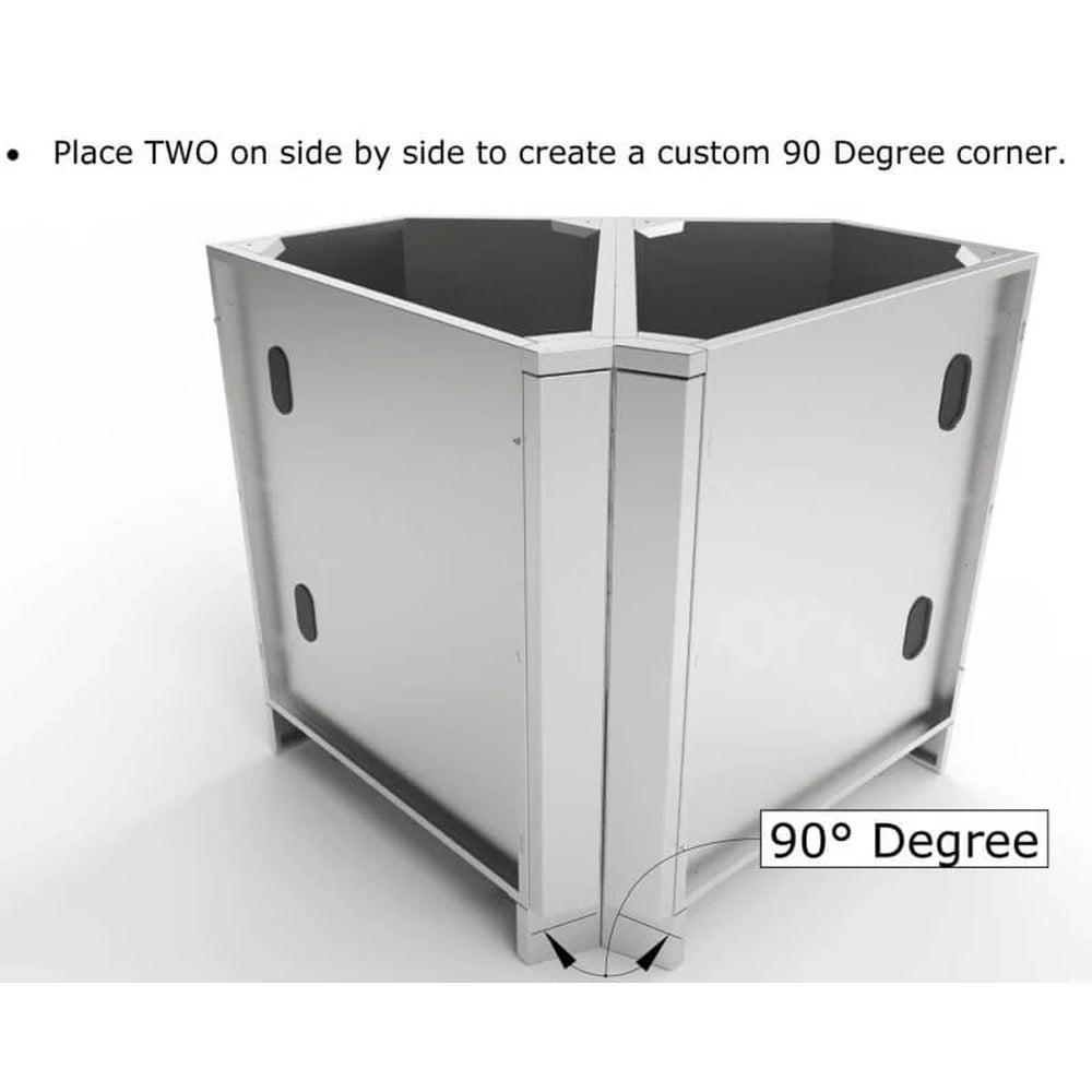 Two Sunstone SBC3C45 45-degree corner cabinets placed side-by-side to form a seamless 90-degree corner for a modular outdoor kitchen island.