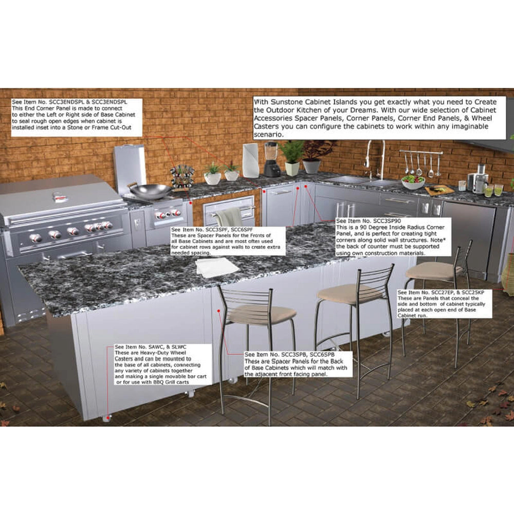 Outdoor kitchen layout showing Sunstone SCC3SPB 3-inch front spacer panels installed between cabinets to provide proper spacing and a seamless stainless steel finish.