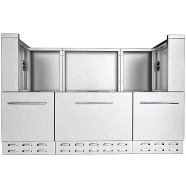 Front view of Sunstone SAC66HGDC 66" pellet grill base cabinet, stainless steel three-drawer storage with vented toe-kick for outdoor kitchens.
