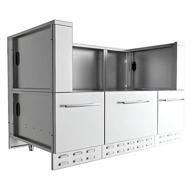Angled view of Sunstone SAC66HGDC pellet grill base cabinet 66", stainless steel with triple drawers and open rear access for built-in BBQ islands.