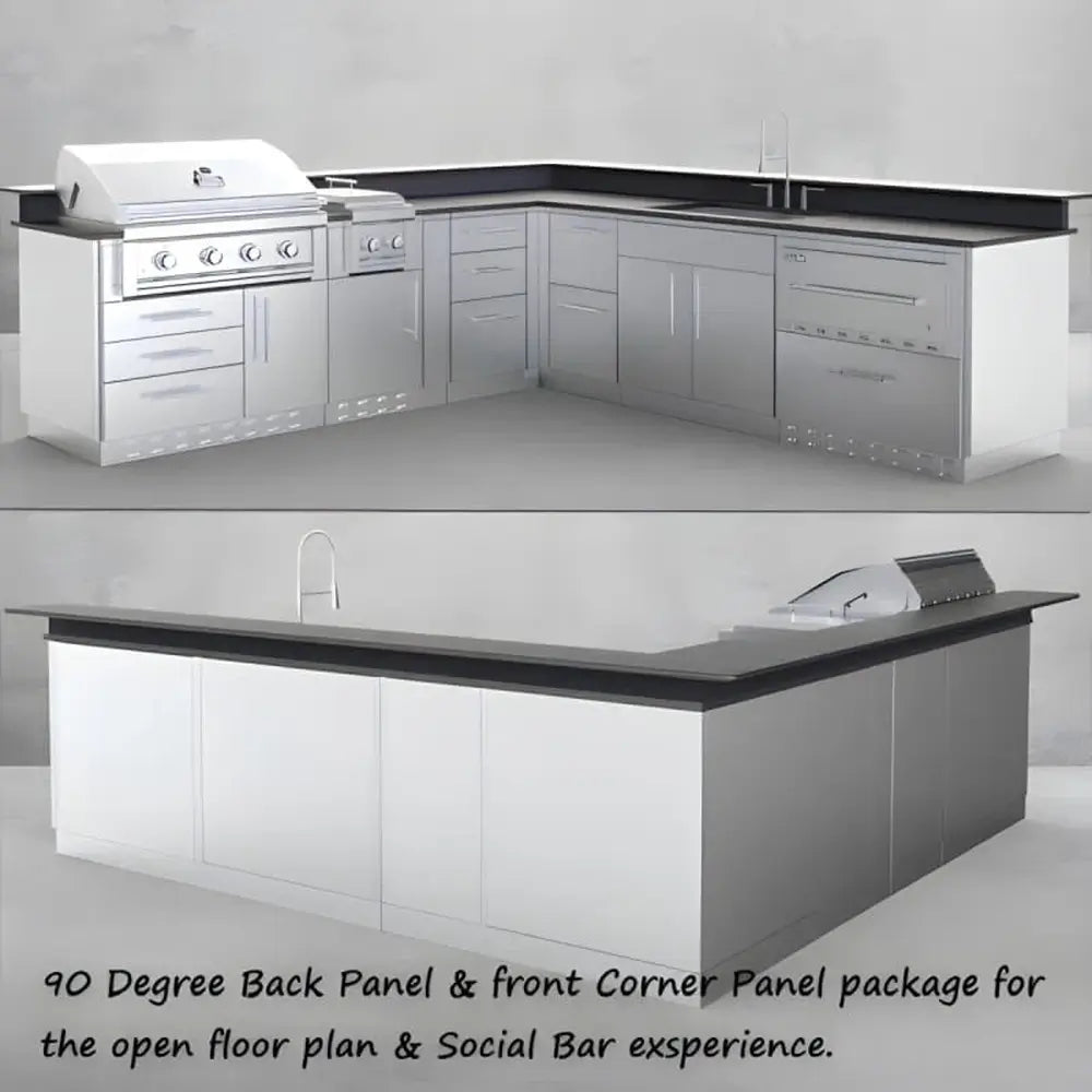 Dual-view rendering of a Sunstone outdoor kitchen island featuring a SCC31BP90 90-degree corner back panel and social bar seating area.