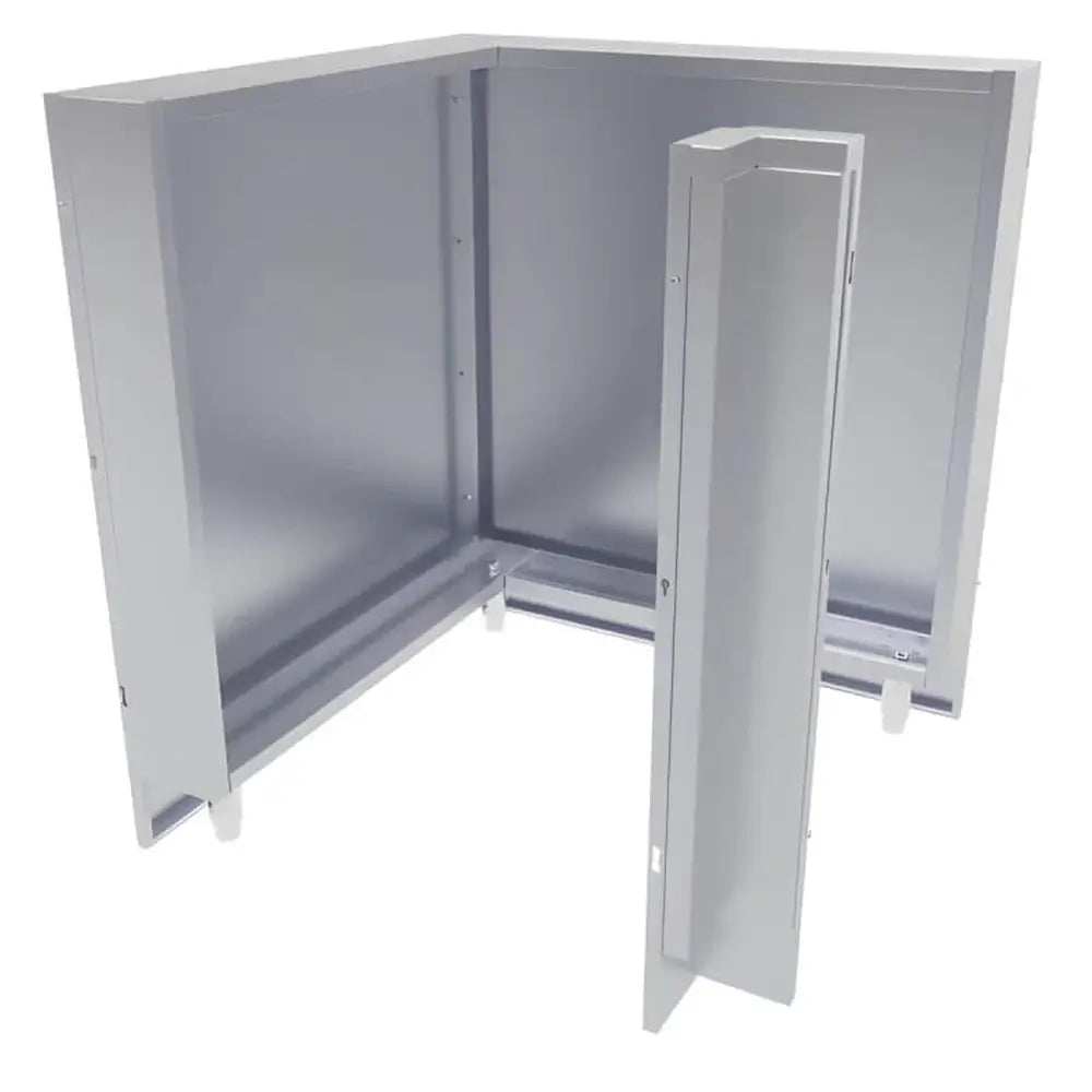 Exploded view of the Sunstone SCC31BP90 31-inch stainless steel corner back panel kit showing the inner frame and front corner panel component.