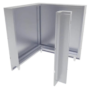 Exploded view of the Sunstone SCC31BP90 31-inch stainless steel corner back panel kit showing the inner frame and front corner panel component.