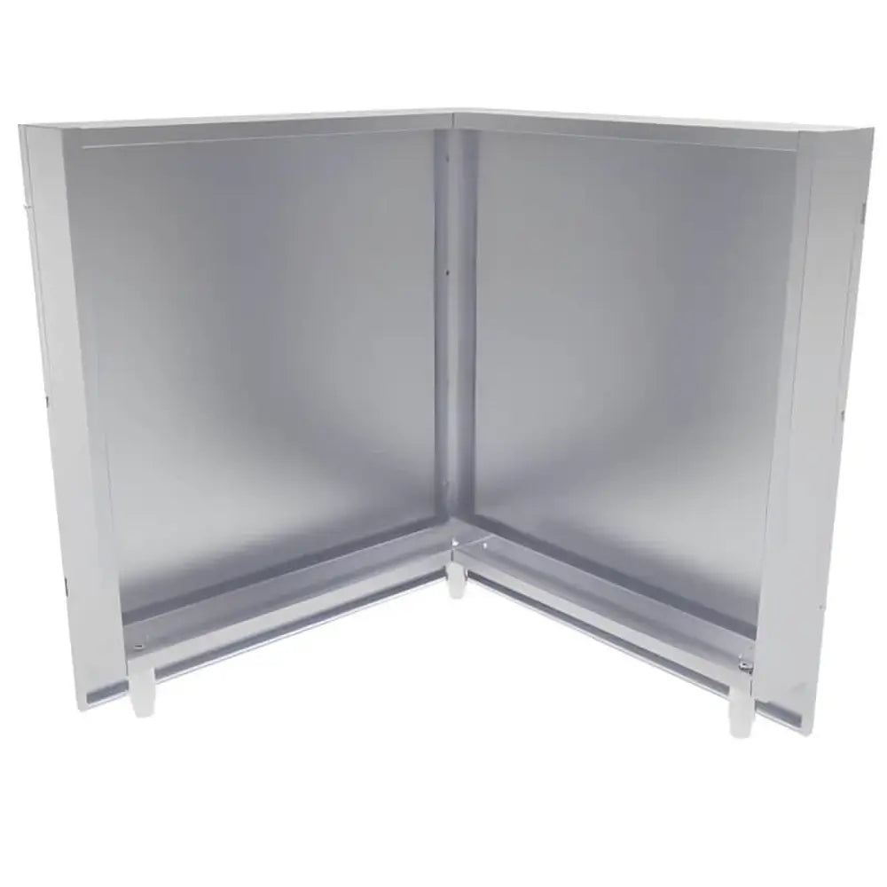 Rear interior view of the Sunstone SCC31BP90 corner cabinet back panel highlighting the structural support frame and adjustable leveling legs.