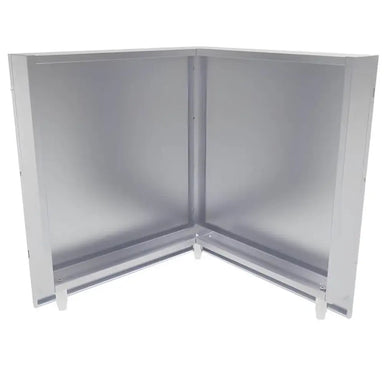 Rear interior view of the Sunstone SCC31BP90 corner cabinet back panel highlighting the structural support frame and adjustable leveling legs.