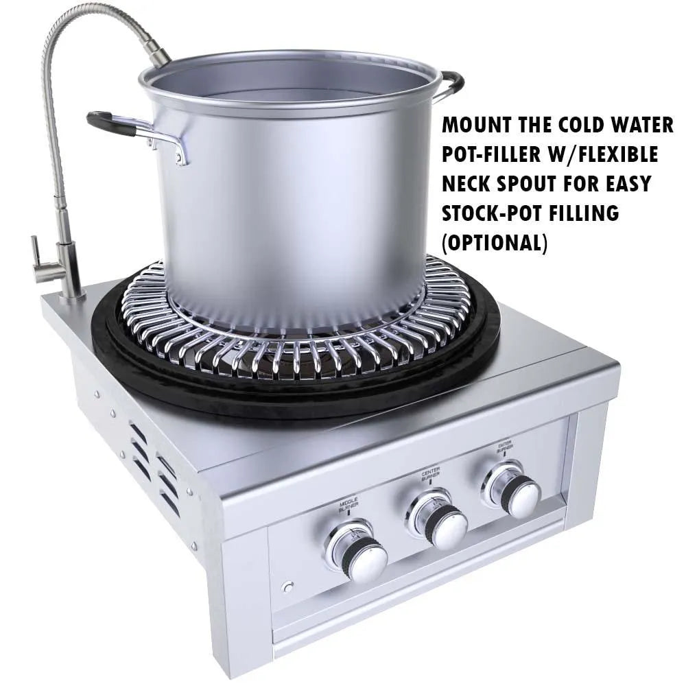 Sunstone cold-water pot filler with flexible spout mounted beside outdoor burner, filling a large stock pot on raised cooking grate.